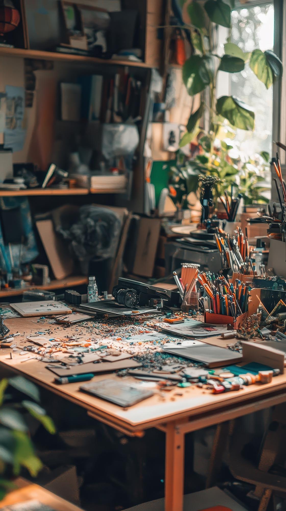 Workshop table with threads and hoops