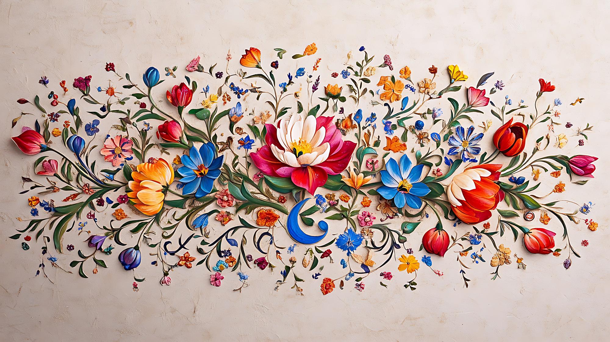 Large embroidered mural with floral motif